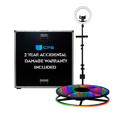 32" 360 Photo Booth with LED ring light with CPS branding and warranty information on a black case.