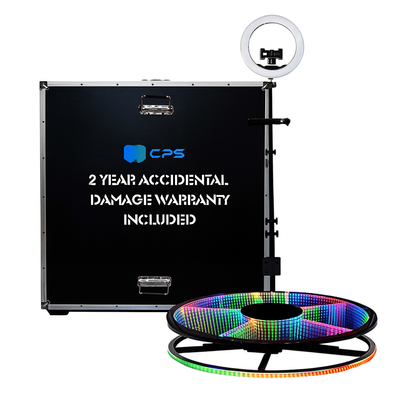 39" 360 Photo Booth with LED ring light with stand and power supply on a white background, featuring CPS branding.